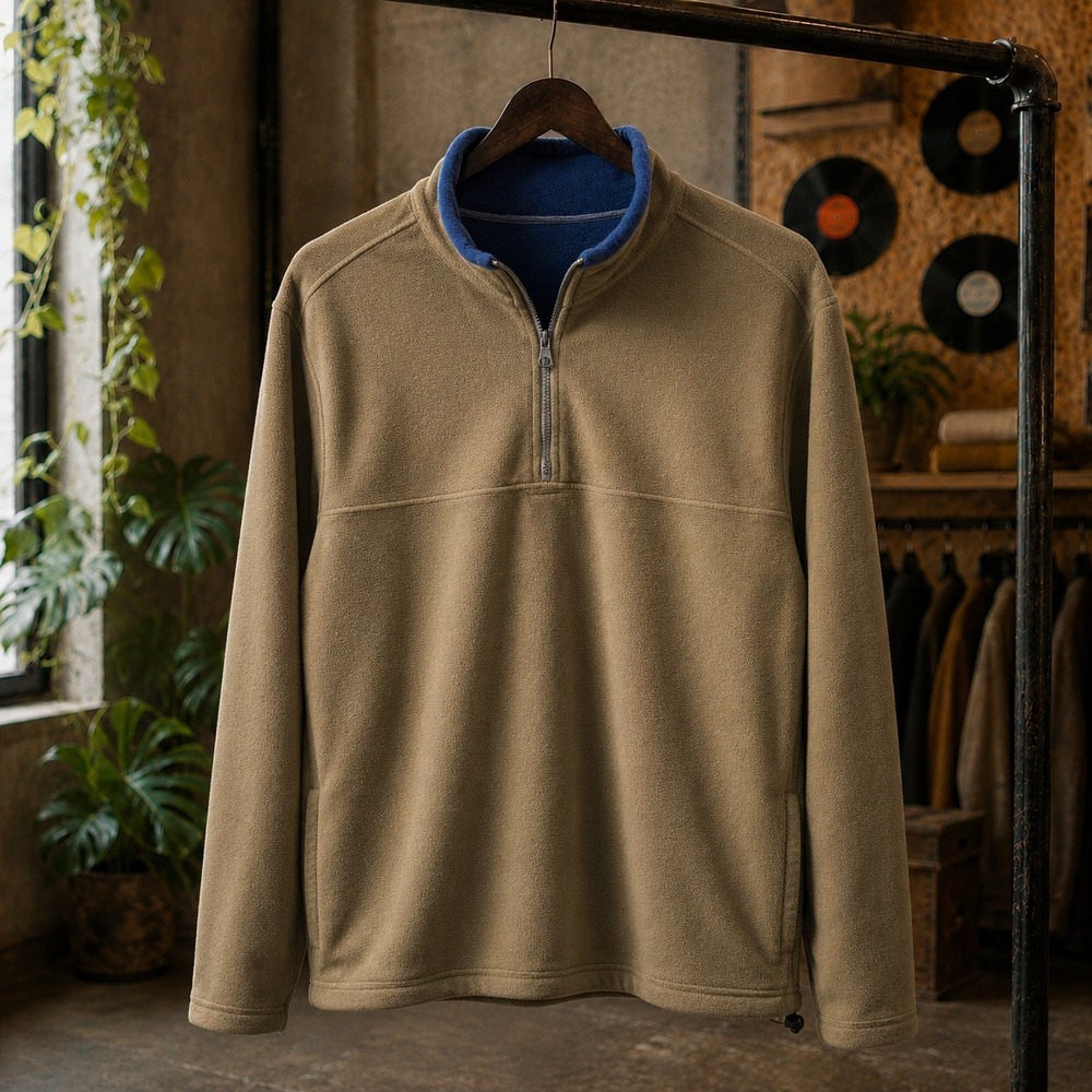 Large RedHead Olive Green Fleece Pullover Drawstring Hem 1/4 Zip Mens Sweater